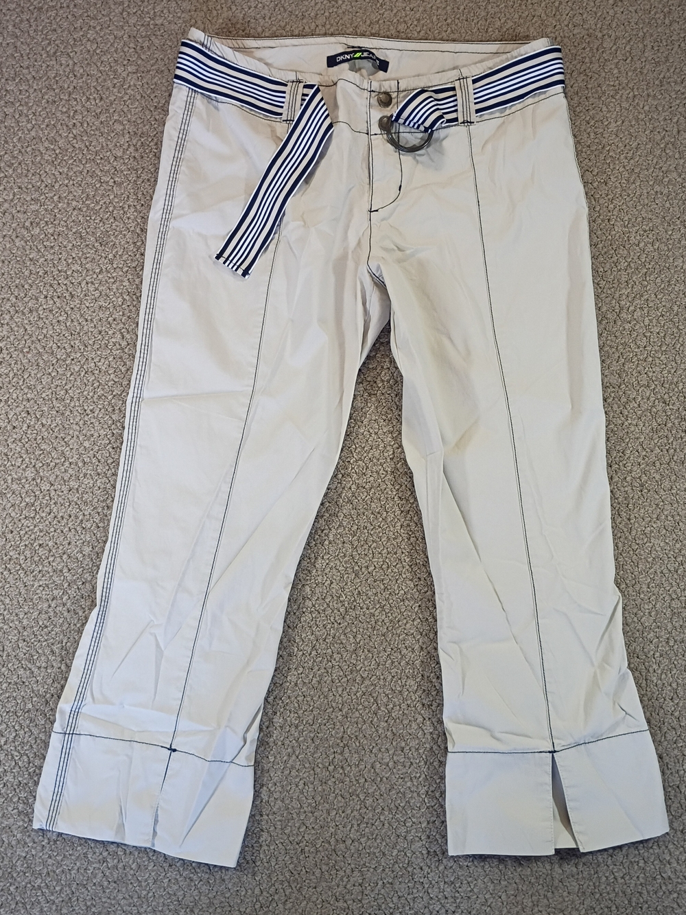 DKNY Cream Cropped Capris with Navy Striped Belt
